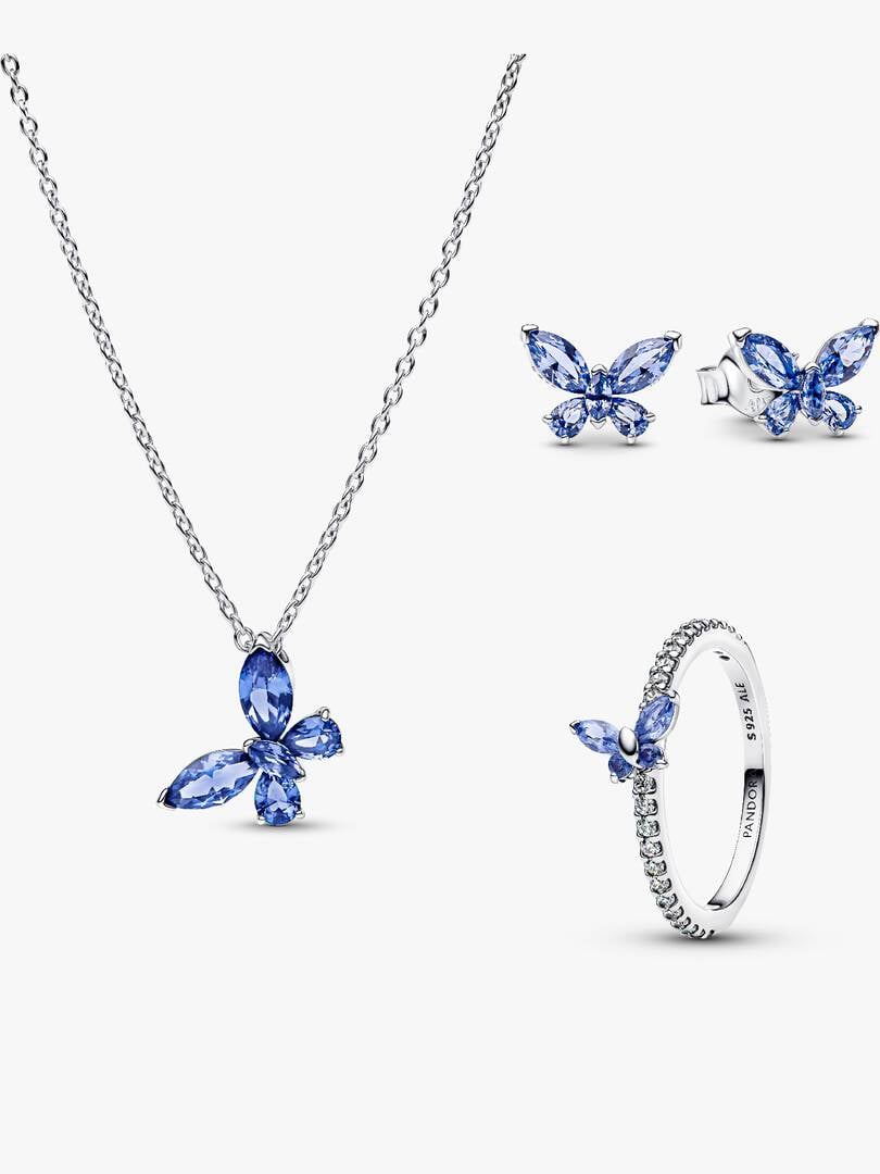 Parure Collier, Boucles d'Oreilles & Bague Papillon Bleu