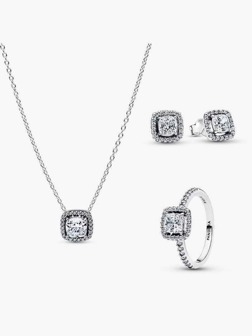 Parure Collier, Boucles d'Oreilles & Bague Halo Carré